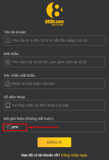 code 888b sẽ tự động điền vào khi bạn đăng ký qua link của 88b.in